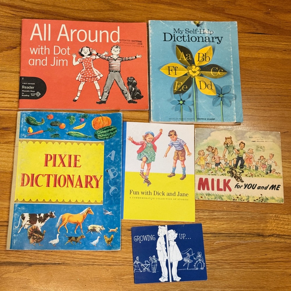 Vintage Childrens Book Lot Dick and Jane Dot and Jim Pixie Dictionary 6 Books